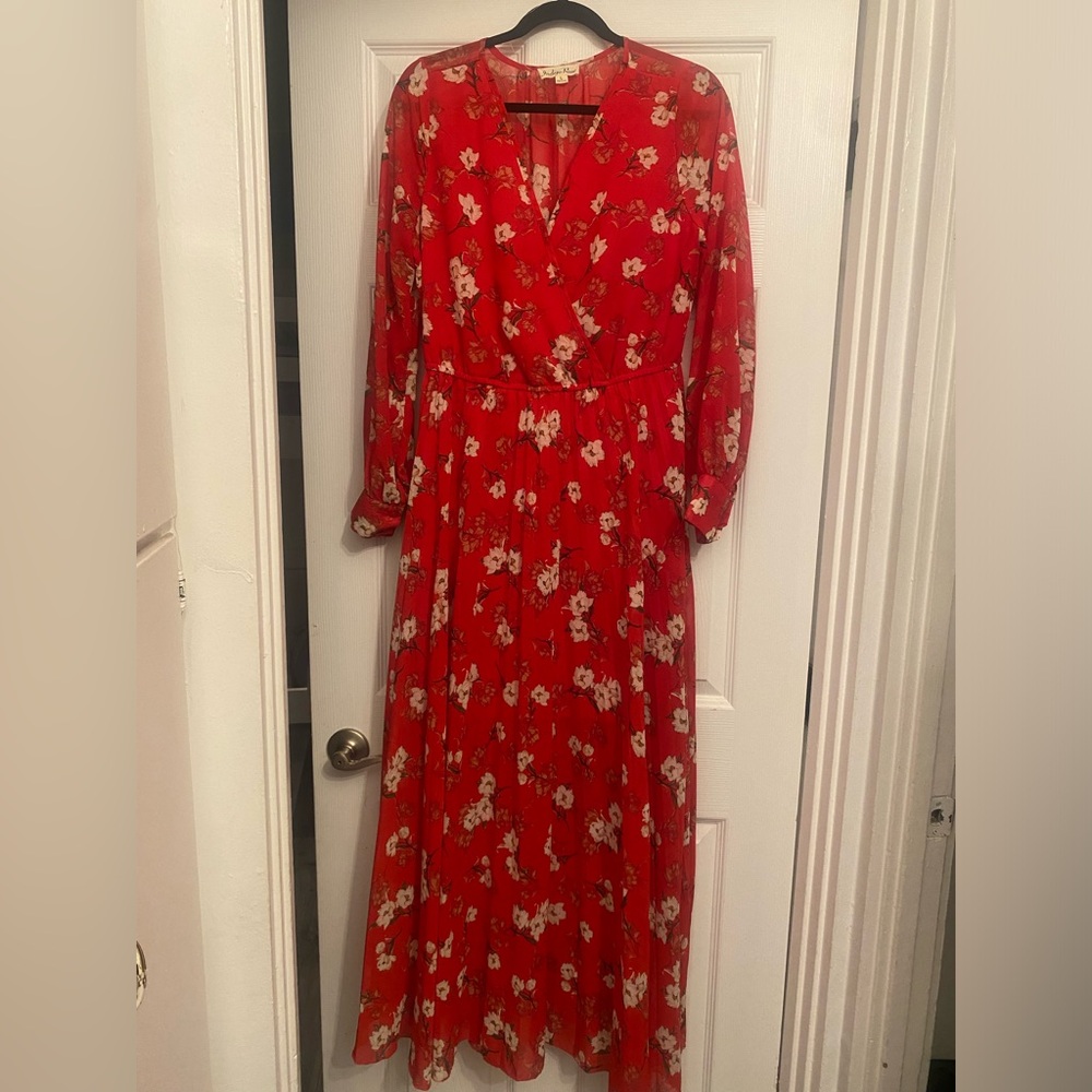 Indigo Rose Floral Red Maxi Womaen along Sleeve  Dress Size Large
